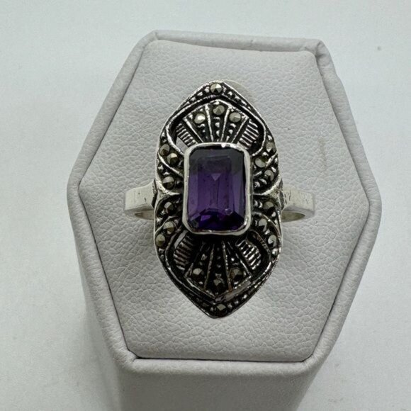Sterling Silver Amethyst Ring size 7.5 Vintage Antique Style .925 - Picture 2 of 9